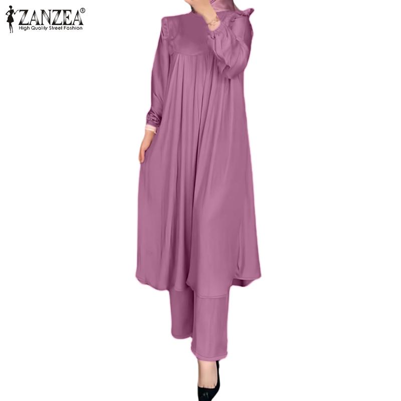 ZANZEA Dame lang bluse og bukser Retro Casual todelt sett
