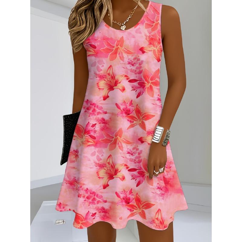 Women s A-line crew neck dress, knitted fabric, floral print sleeveless dress S