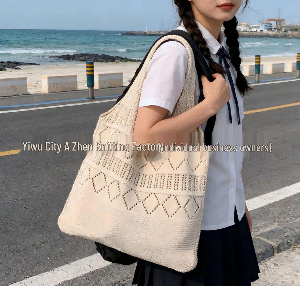 Korean Chic Crochet Mesh Shoulder Bag – Women’s Hand-Knitted Large Tote for Summer Beach