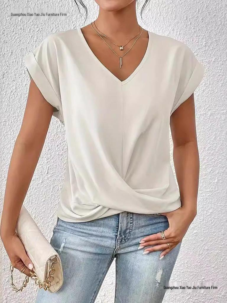 Elegant Solid Color V-neck Short-sleeve T-shirt for Women - Spring/Summer Collection