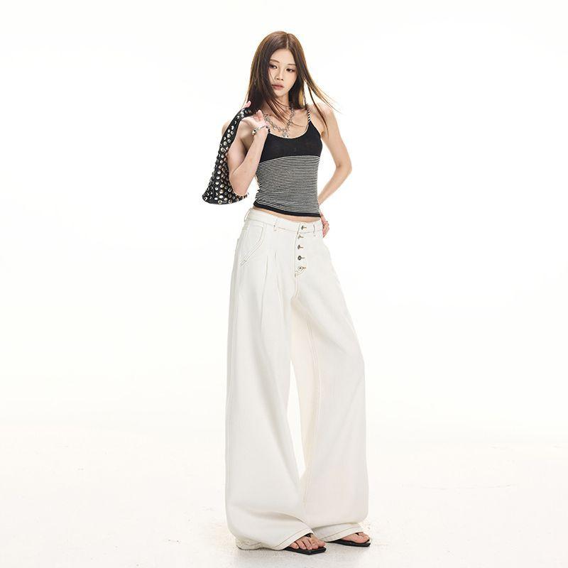 Spring Summer Vintage Five Button Double Pleat A Line White Casual Wide Leg Denim Pants For Women Casual Pants Oversize Denim Trousers