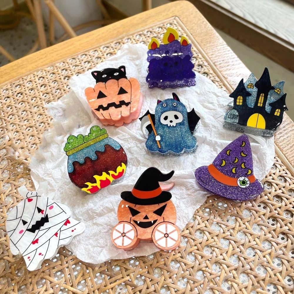 Acrylic Gothic Hair Clamps Glittery Pumpkin Hair Claw Ghost Mini Shark Clip School Event