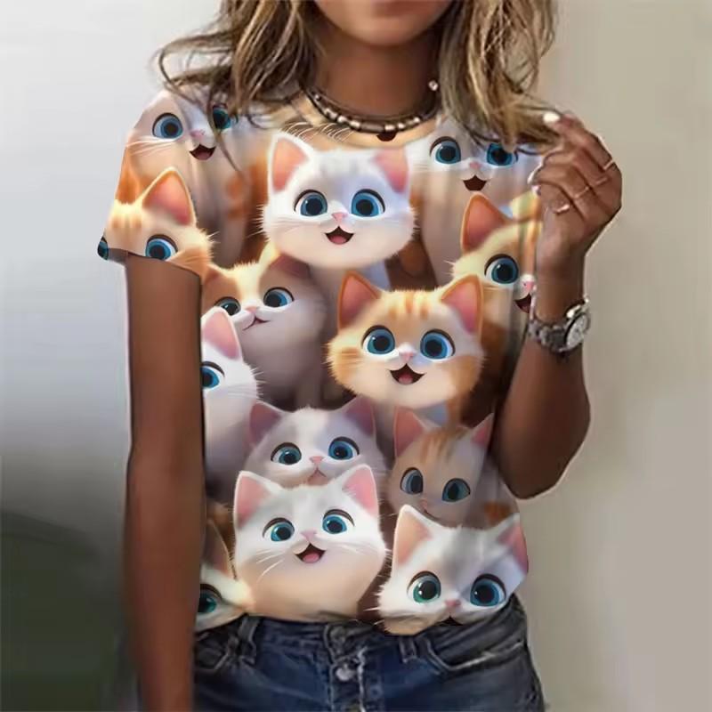 Cat Animal 3D Print T-Shirts Summer Women Round Neck Short Sleeve T Shirt Harajuku Top Y2k Casual Oversized Tees Female Clothing