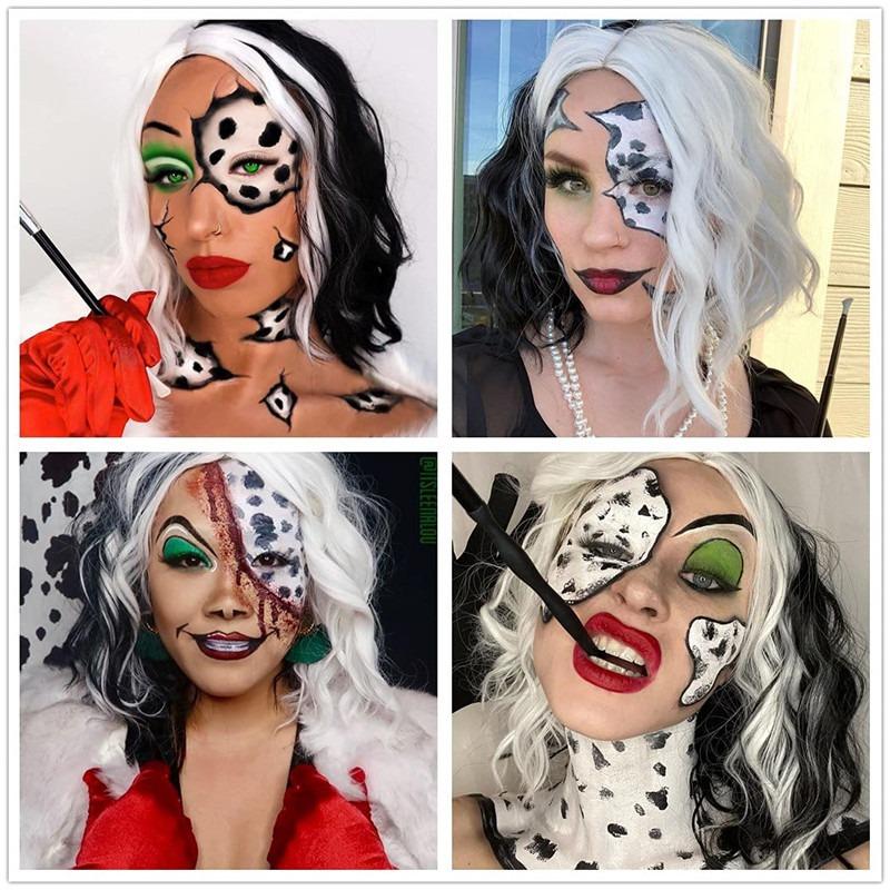 BERON Perucă Scurtă Ondulată Neagră și Albă Yin-yang pentru Femei Perucă Ondulată Perucă Cosplay de Halloween Bandă de Păr