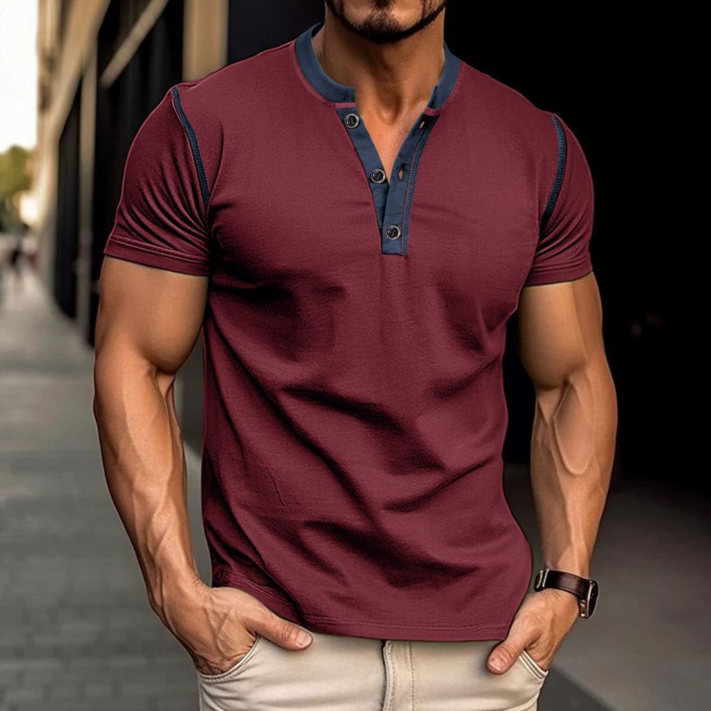 Business Casual Sommer Neu Herren O-Ausschnitt Knopf Kontrastfarbe Dünner Stil High Street Mode Büro Soziales Kurzarm Tops