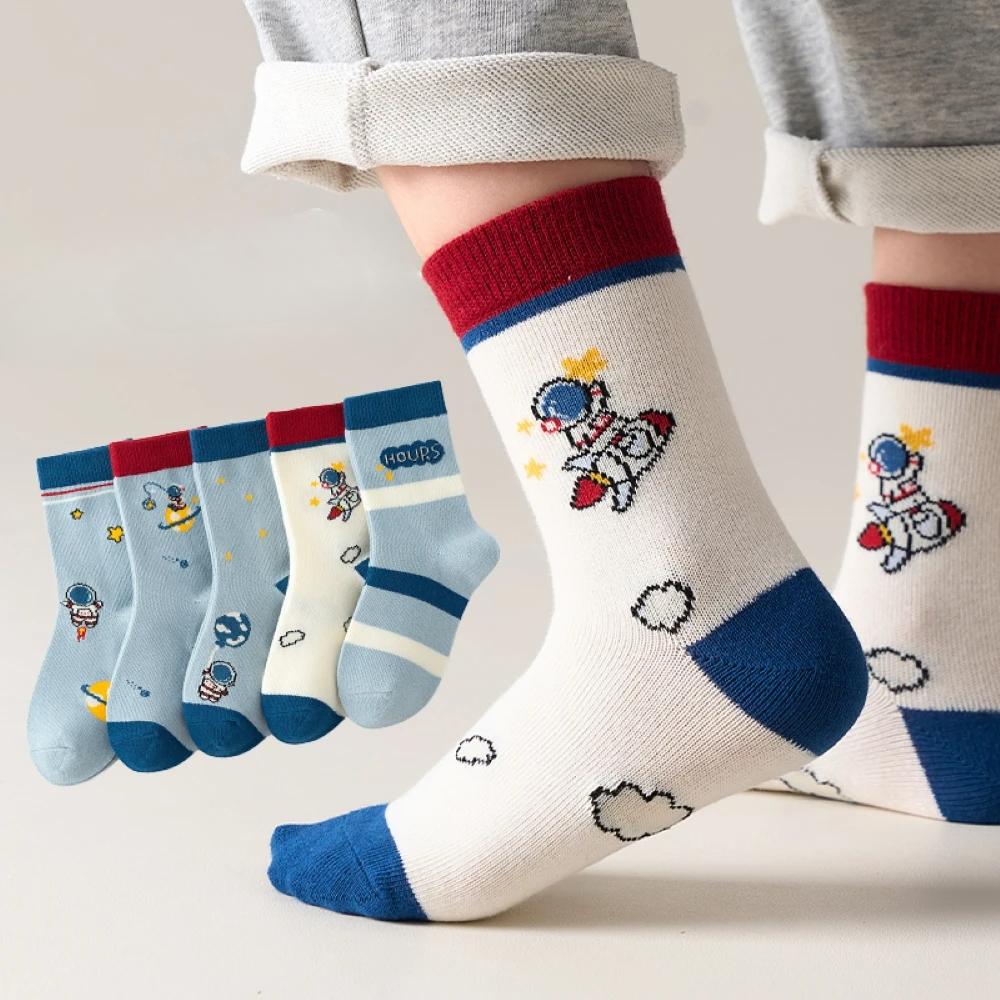 5Pairs Children's Warm Mid-tube Socks Little Astronaut Do Not Fade Comfortable Anime School Socks Clothes For Autumn 1-14 Years