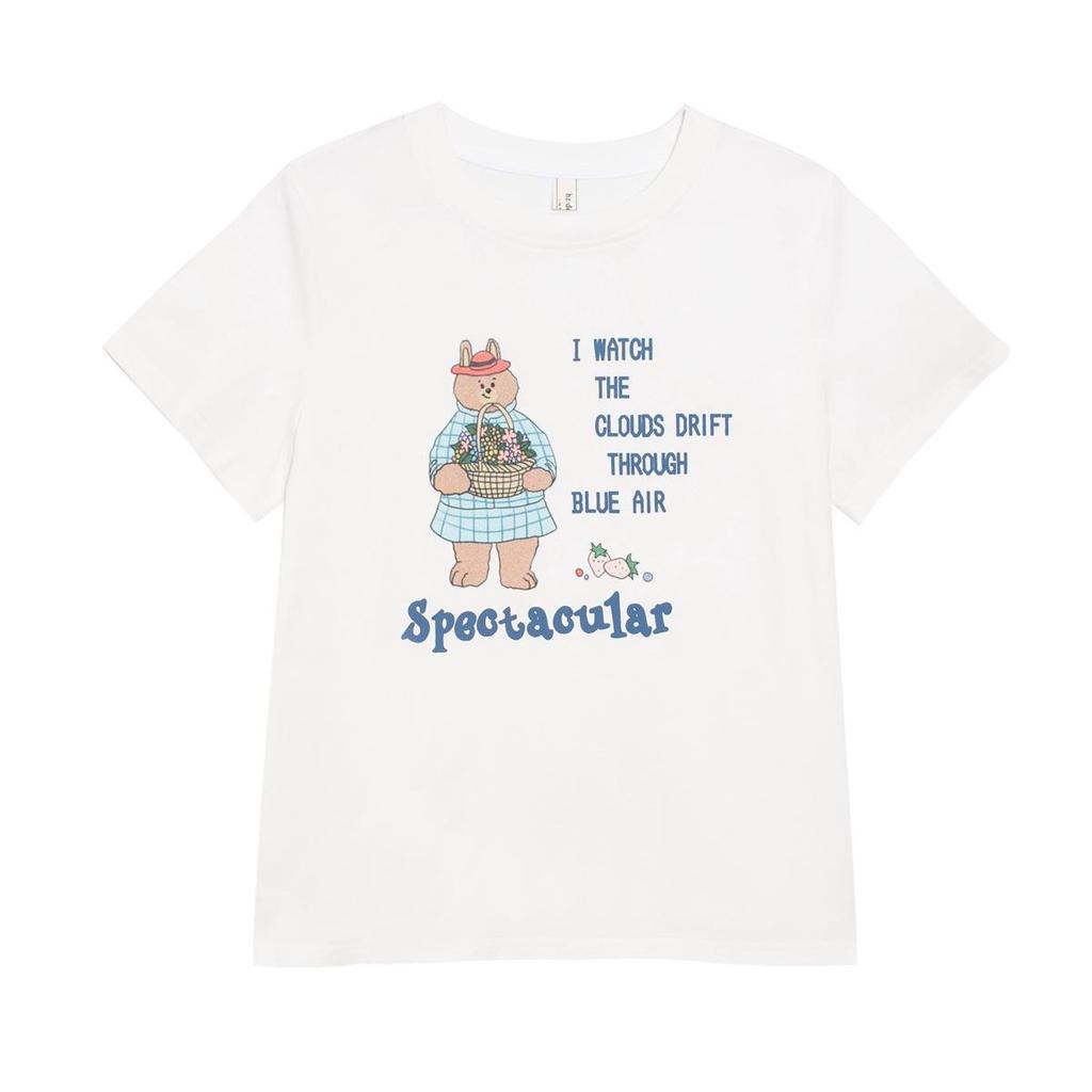 Women's Cute Bear Print Japanese Style Cotton Tee - Short Sleeves, Straight Shoulders, Youthful & Trendy Design