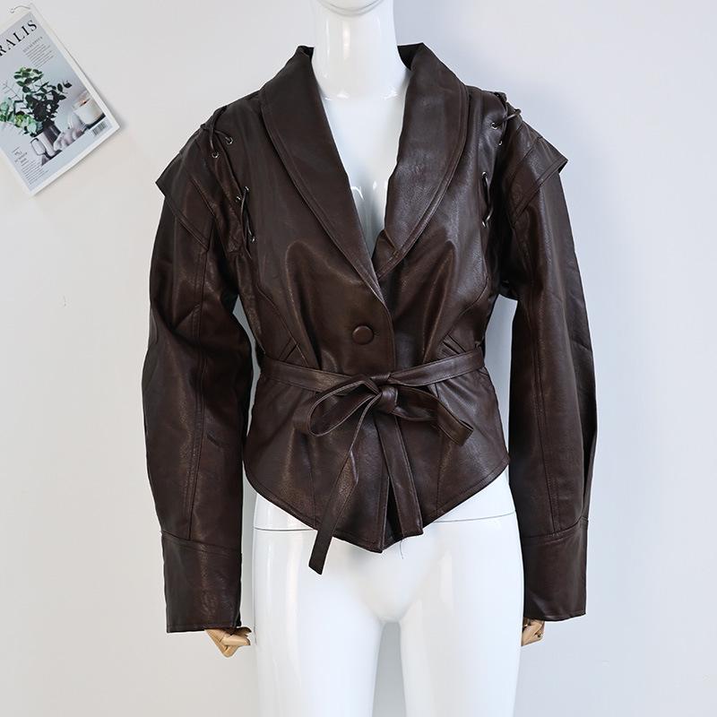 2024 Autumn/Winter Cross-border Fashion Lapel Tie Long Sleeve Leather Jacket