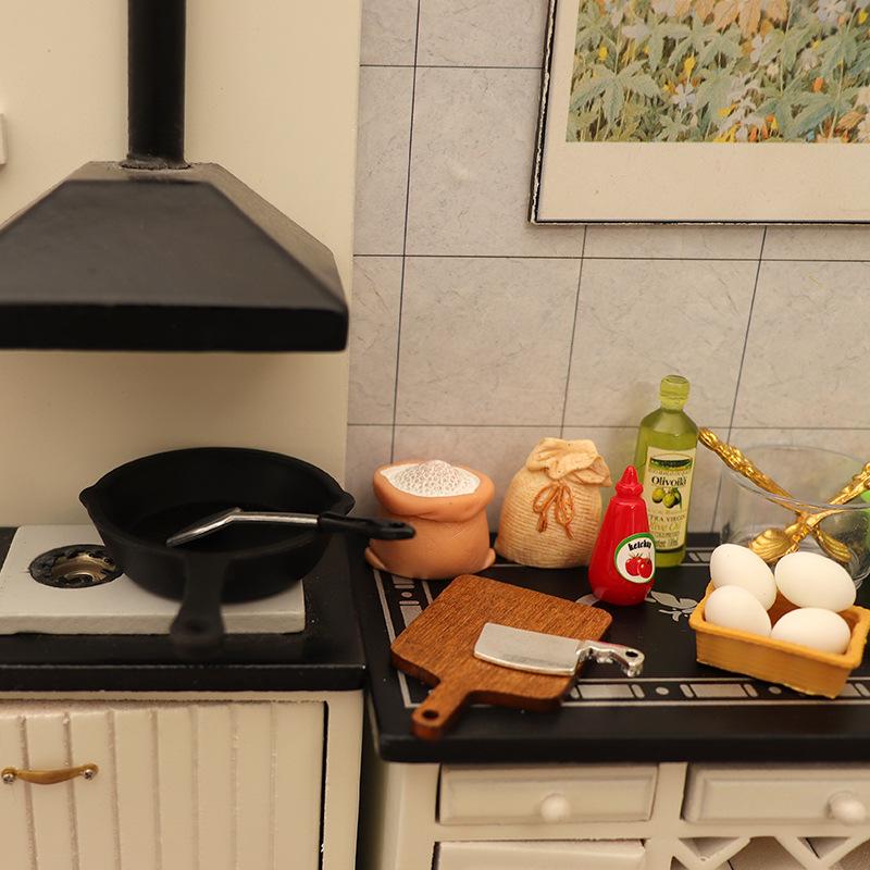 Dollhouse Miniature 3D Kitchen Scene with Food, Utensils, and Stove