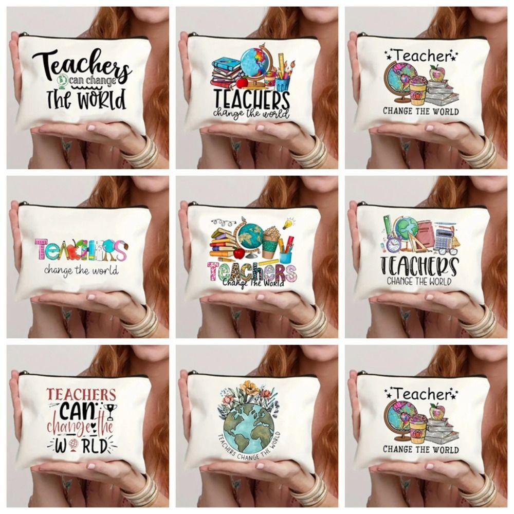 Linen Teacher‘s Day Gifts with Zipper Lightweight Stationery Storage Bag Portable Multi-functional Makeup Bag Teacher Pencil