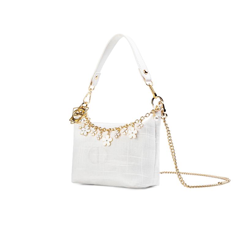 DIOR [Customized Cosmetic Bag] Canvas White Flower Secret Chain Decoration Gentle Girly Style French Romance Textured Fabric White Storage Bag