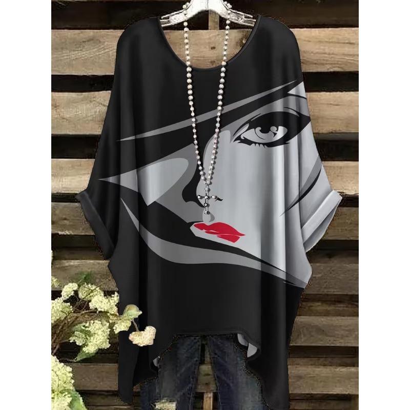 Fashion New Arrival Plus Size Bastet Egyptian Cat Goddess Print Women's Top Elegant Casual Style Round Neck Long Sleeve T-Shirt