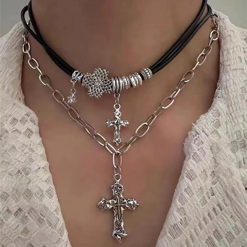Punk Silver Color Cross Pendant Necklaces for Women Vintage Metal Double Layered Choker Necklaces Party Jewelry Gifts
