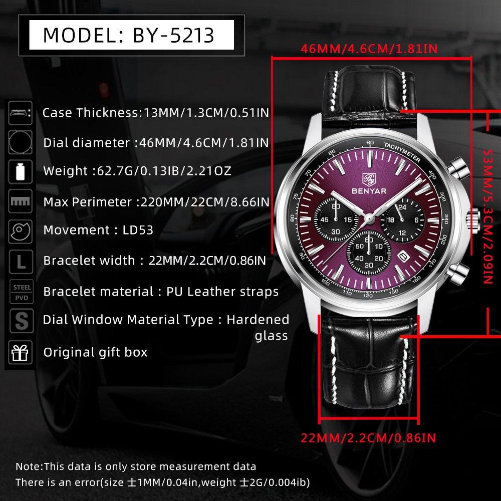 Benyar Luxury Watches For Men Date Chronograph Lrather Man Watch Waterproof Luminous Sport Military Men's Quartz Watch