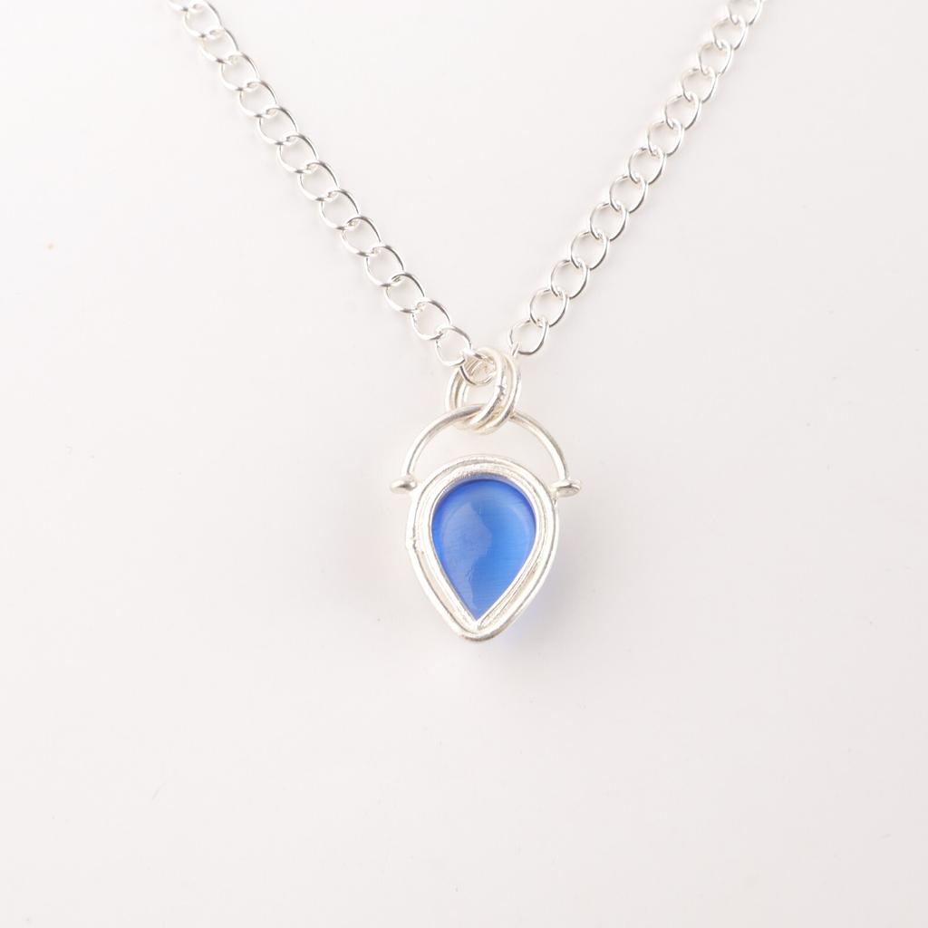 Dark Blue Cat's Eye Gemstone 925 Stamped Silver Jewelry Handmade Unique Pendant PP-56-37