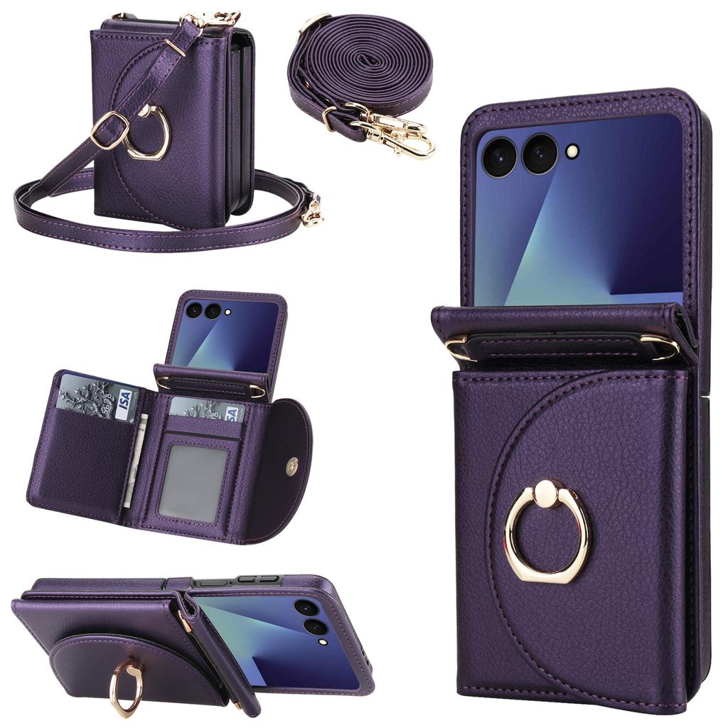 Crossbody Ring Holder Cards Solt Wallet Flip Leather Phone Case For Samsung Galaxy Z Flip 7 6 5 4 3 7FE Adjustable Strap Cover