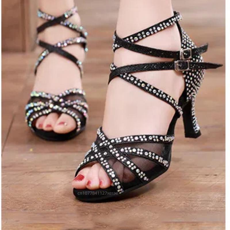 Neue Diamantbesetzte Latein-Tanzschuhe für erwachsene Frauen, Professionelle Tanzschuhe mit weicher Sohle, Mittlere Absätze für Damen