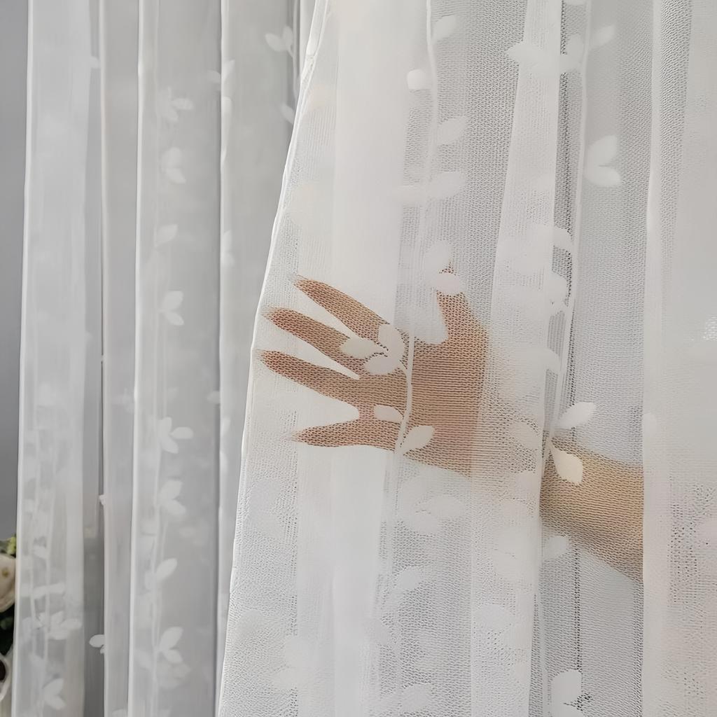 1pc Korean Dreamy Embossed Leaf Pattern Bedroom Light Filtering Curtain, Modern Minimalist Living Room Balcony Window Divi