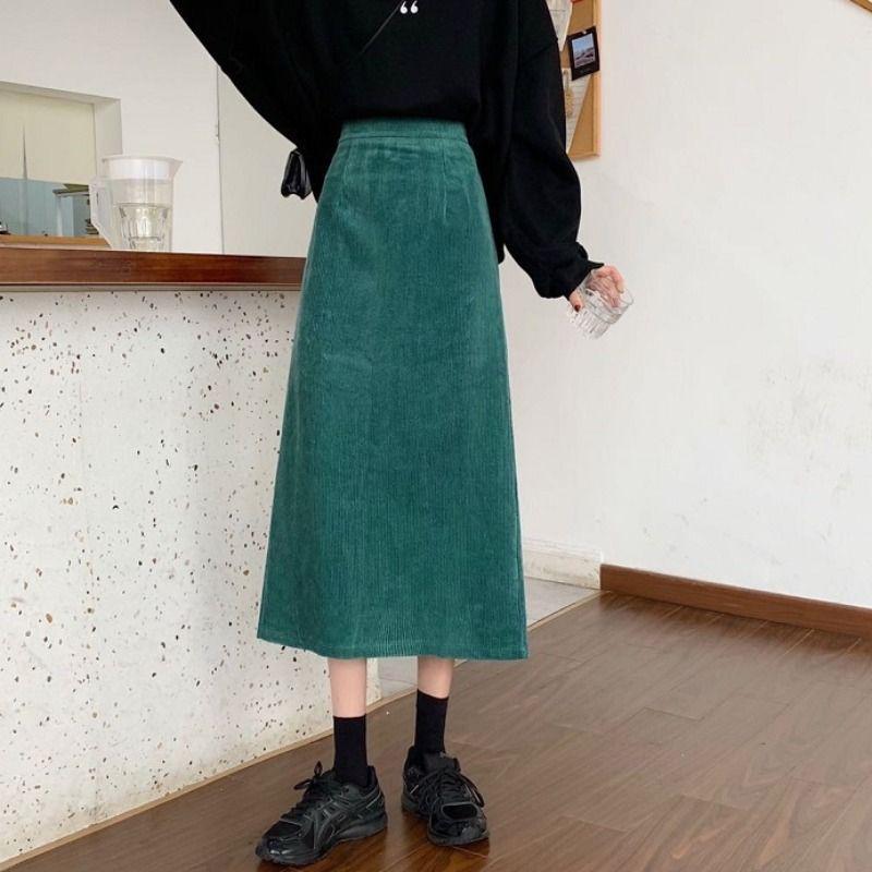 Korean Style Corduroy A-Line Pencil Skirt, Women's Mid-Length, Autumn/Winter, Hip-Hugging Design with Slit