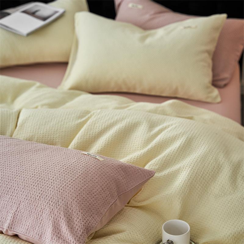 Class A, Maternal And Infant Grade Cotton Double-Layer Yarn 4Pcs Set, Pure Cotton Dormitory 3Pcs Set, Solid Color Bed Sheet Waffle Single Quilt Cover