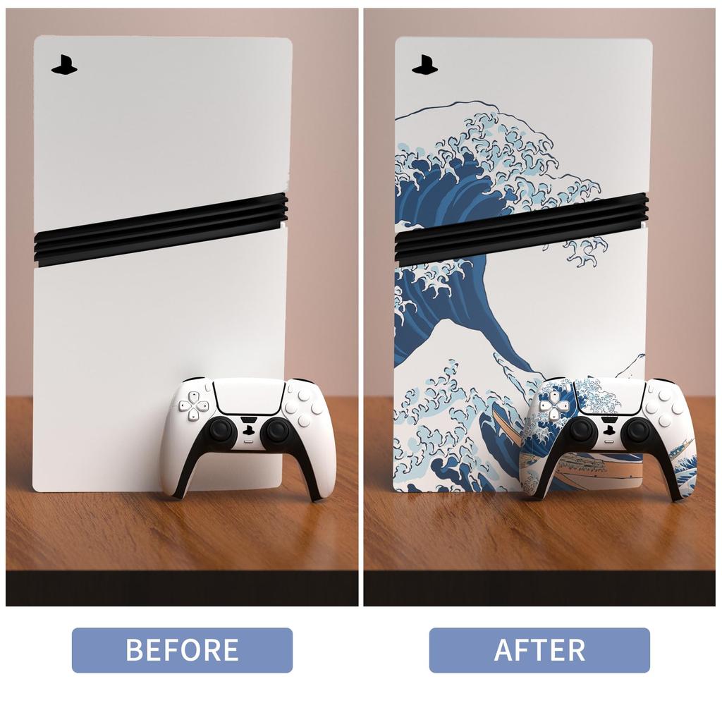 PlayVital ps5 Pro Gehäuse Komplettset Custom-Aufkleber für Digital- und Disc-Lademedien Fernbedienung Abziehbild-Aufkleberabdeckung Die große Welle vor kompatibel,
