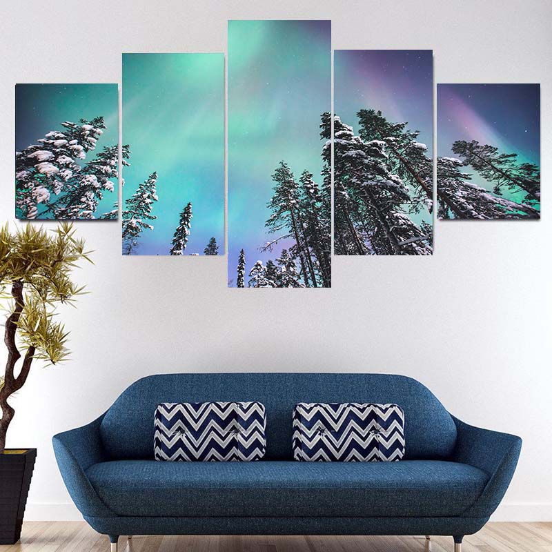 5 панелей пейзаж зеленый Аврора Полярная звезда свет ночное небо холст картины постеры — фото 3