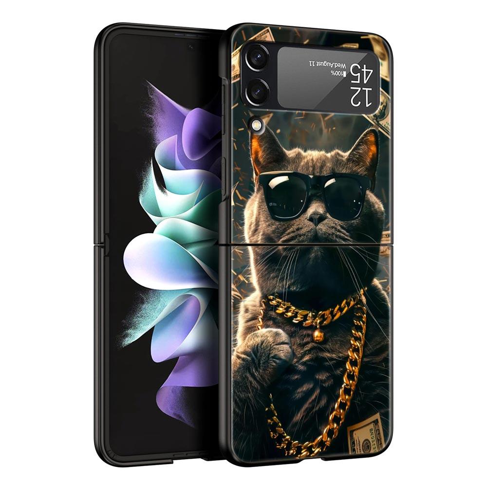 Hard PC Phone Case For Samsung Galaxy Z Flip 7 6 5 4 Black Cover For Galaxy Z Flip 3 Foldable Shockproof Money Cat Fundas Capas