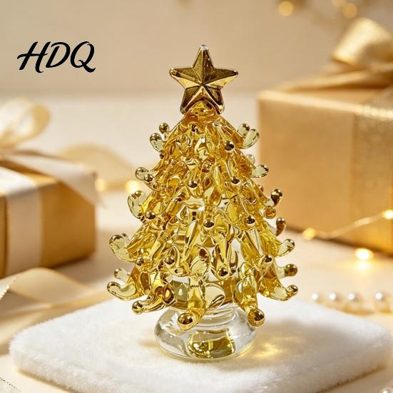 Artisan Glass Collectible Glazed Christmas Tree Ornament with Star Topper Colorful Small Desktop Art Faux Crystal Tabletop Decor for Home