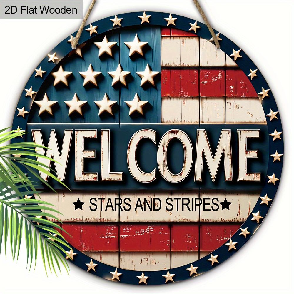 1pc 2D Flat Sign Happy Independence Day Wooden Hanging Sign Welcome Independence Day Decorations Vintage Wall Hanging Art Decoration Door Decor