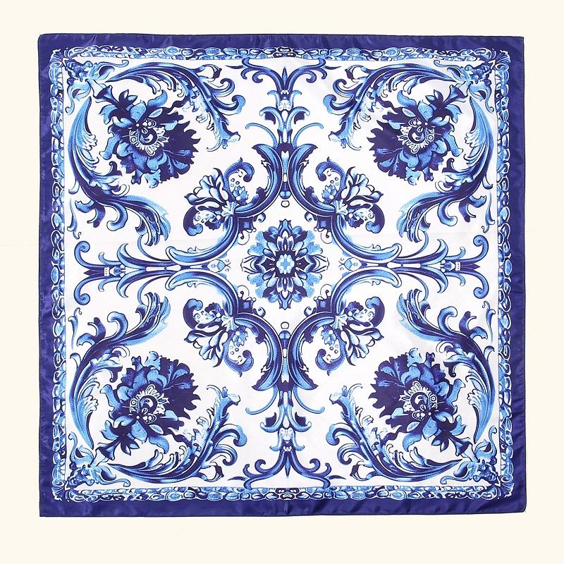 New Satin Silk Square Scarf Hijab Blue And White Porcelain Printed Bandana Kerchief Women Muslim Hijab Headscarf  Headband
