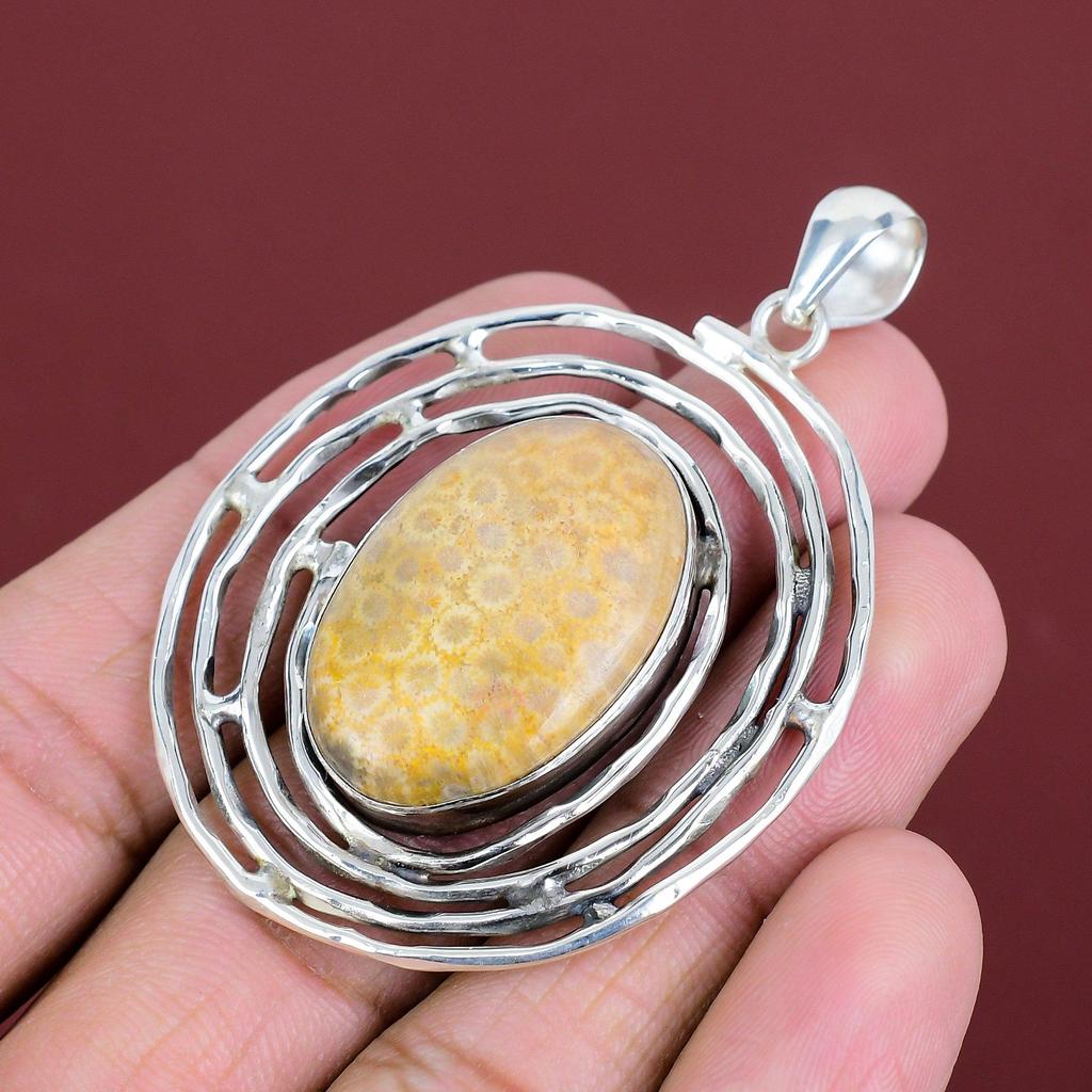 Fossil Coral Pendant Original Gemstone Pendant 925 Sterling Silver Pendant Fossil Coral Jewelry Handmade Birthstone Pendant Gifts For Mother