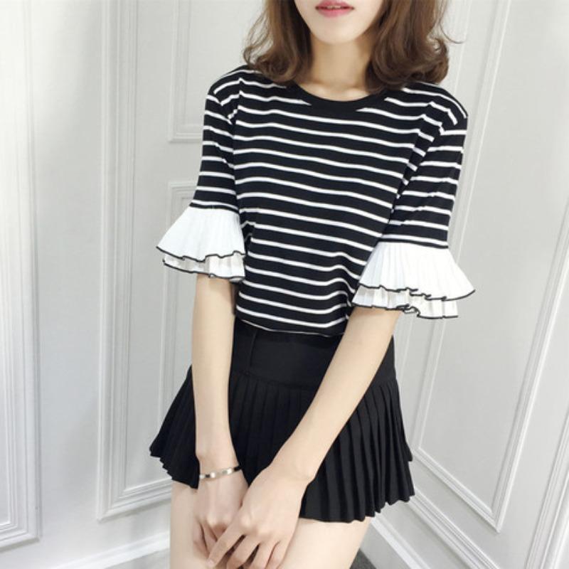 New Summer Korean Version of Lotus Leaf Sleeve Striped Casual Loose Short-sleeved T-shirt Female Student Top