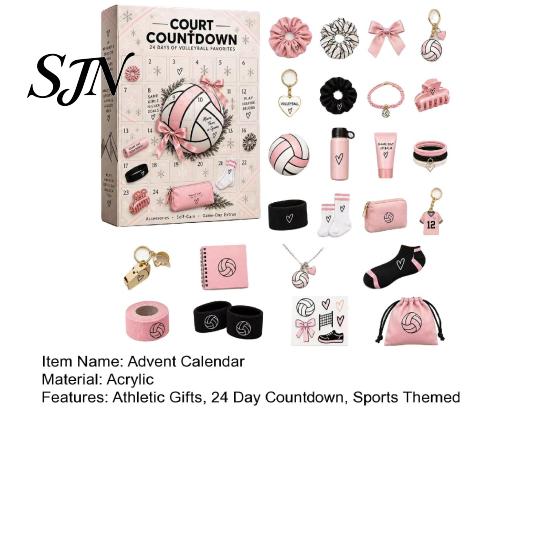 Christmas Countdown Box for Teens Volleyball Girl Advent Calendar, 24-Day Sports Accessories School Team Presents with Hair Ties Charms Socks,