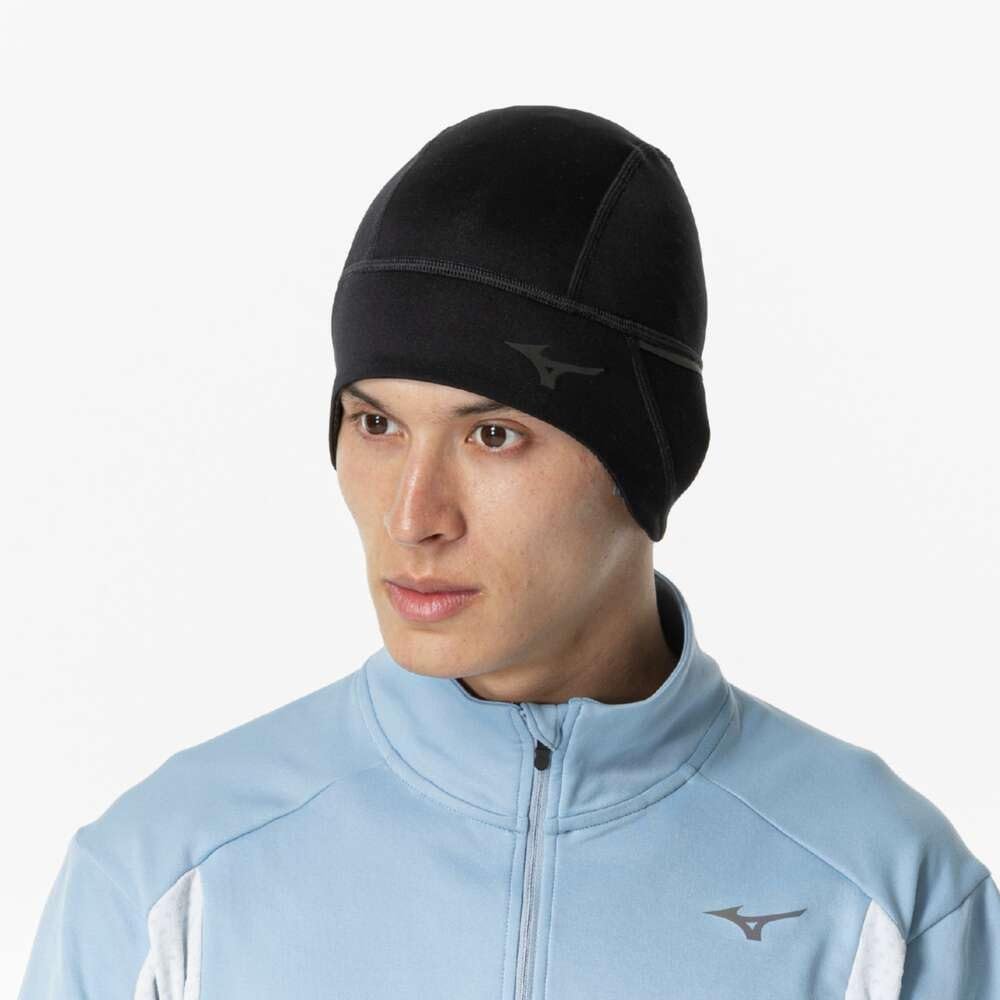Mizuno Breath Thermo Running Cold Reflective Black Beanie, Moisture-Wicking, Heat-Generating, Weather, Print, J2JYB504,