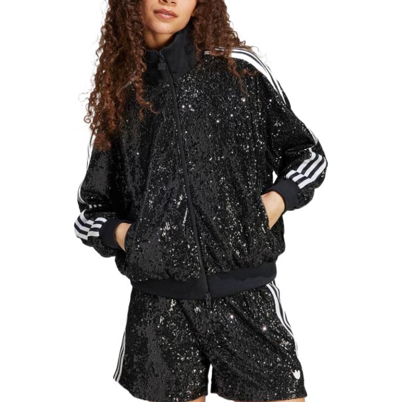 Adidas Originals Trefoil Sparkle Stripe Track Jacket Unisex Jackets Black HM2054