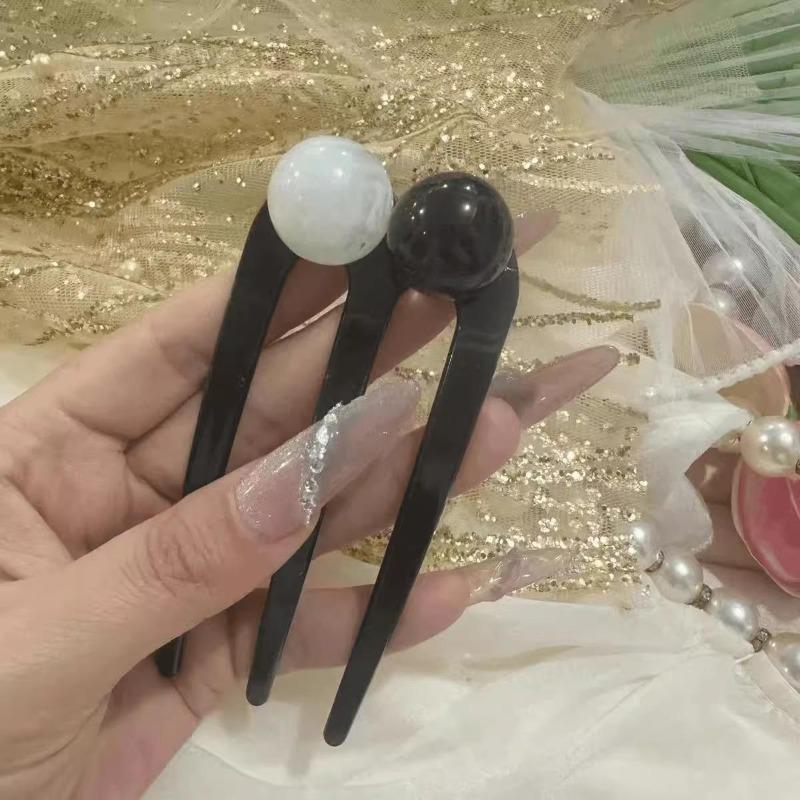 Fashion U-Shaped Hairpin Hair Fork Trendy Acrylic Bead Material Hair Clip for Women Girls Retro Jewelry Hair Accessories