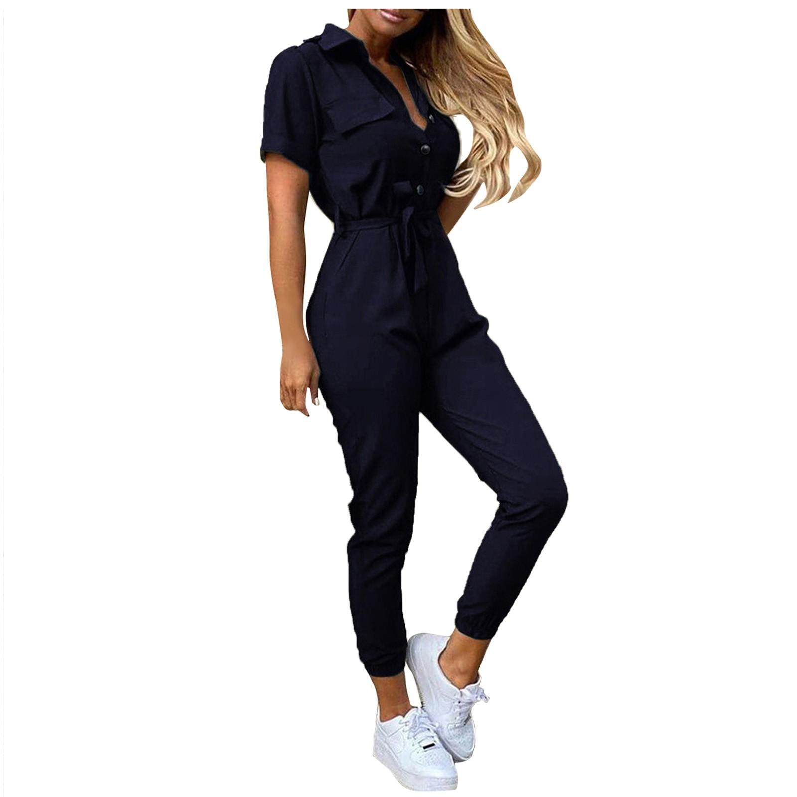 

Women s Fashion Summer Casual Lapel Lace-up Printed Belt Short Sleeve Work Jumpsuit S Темно-синій