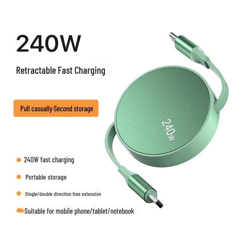 

240W Fast Charging Retractable USB-C to USB-C Cable for Apple, Huawei, iPhone, and Laptops зелений