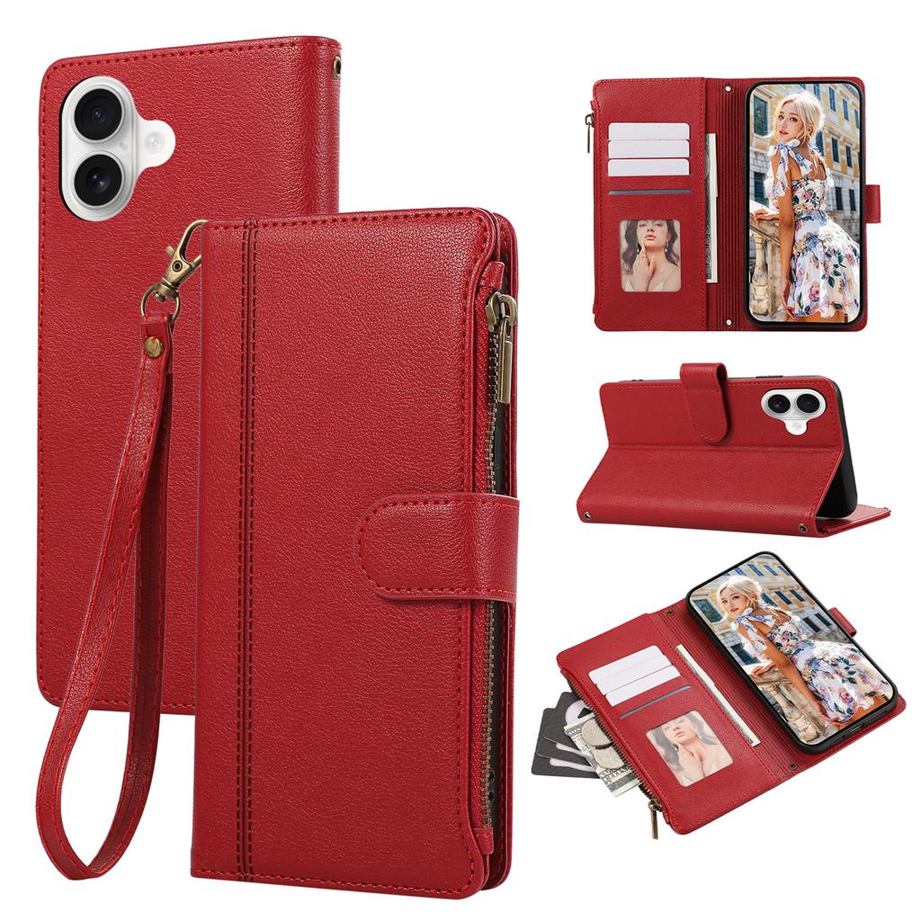 For iPhone 17 Case Multi Card Slots Zipper Leather Phone Cover with Wrist Strap