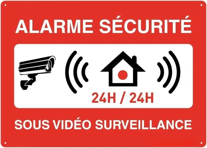 Hisun Tin Sign HD Tin Sign Bilingual Security Warning Wall Decor Retro French English Video Surveillance Metal Poster for Business Home