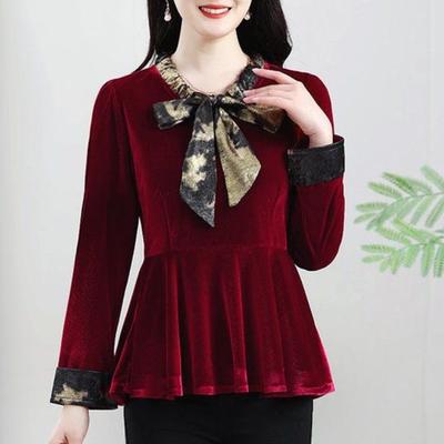 Spring New Style Gold Velvet Bow Top Shirt Stylish Splicing Long-sleeved T-shirt Fashionable Bottoming