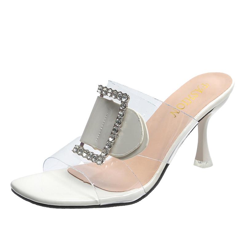 

Тапочки женские 2024 новые рейнские бриллиантовые тонкие каблуки на высоких каблуках прозрачные однотонные модные тапочки женские летние 38 бежевый