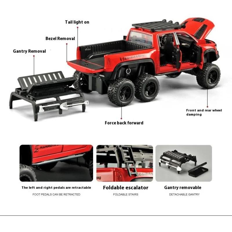 Boxed 1/32 Dodge Tyrannosaurus Rex 6X6 Pickup Truck Model, Alloy Die Cast Children's Off-Road Vehicle Toy Boy Gift