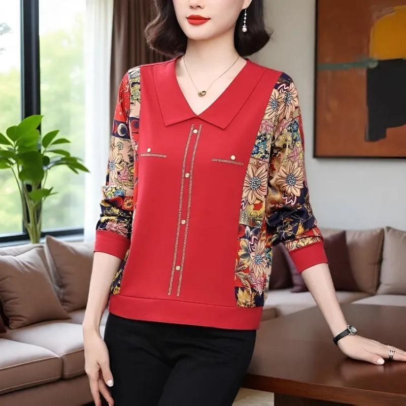 Autumn New Long-sleeved Bottoming T-shirt for Women Thin Large Size Loose and Stylish Age-reducing Lapel Fashion Top