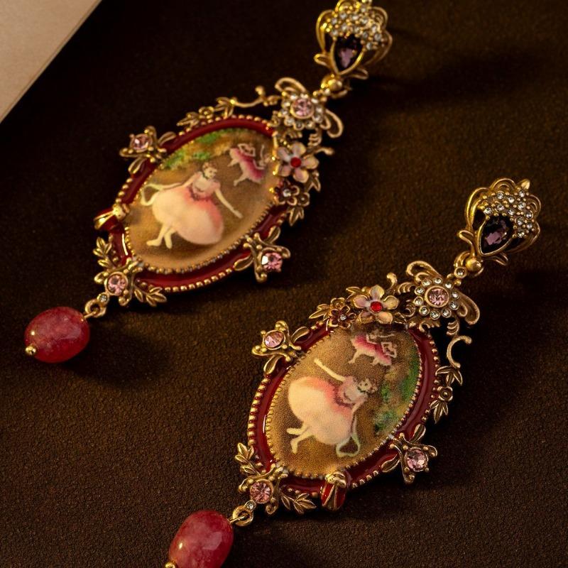 Medieval temperament versatile retro oil painting ballet girl stud earrings old flowers bee relief light luxury carved earrings