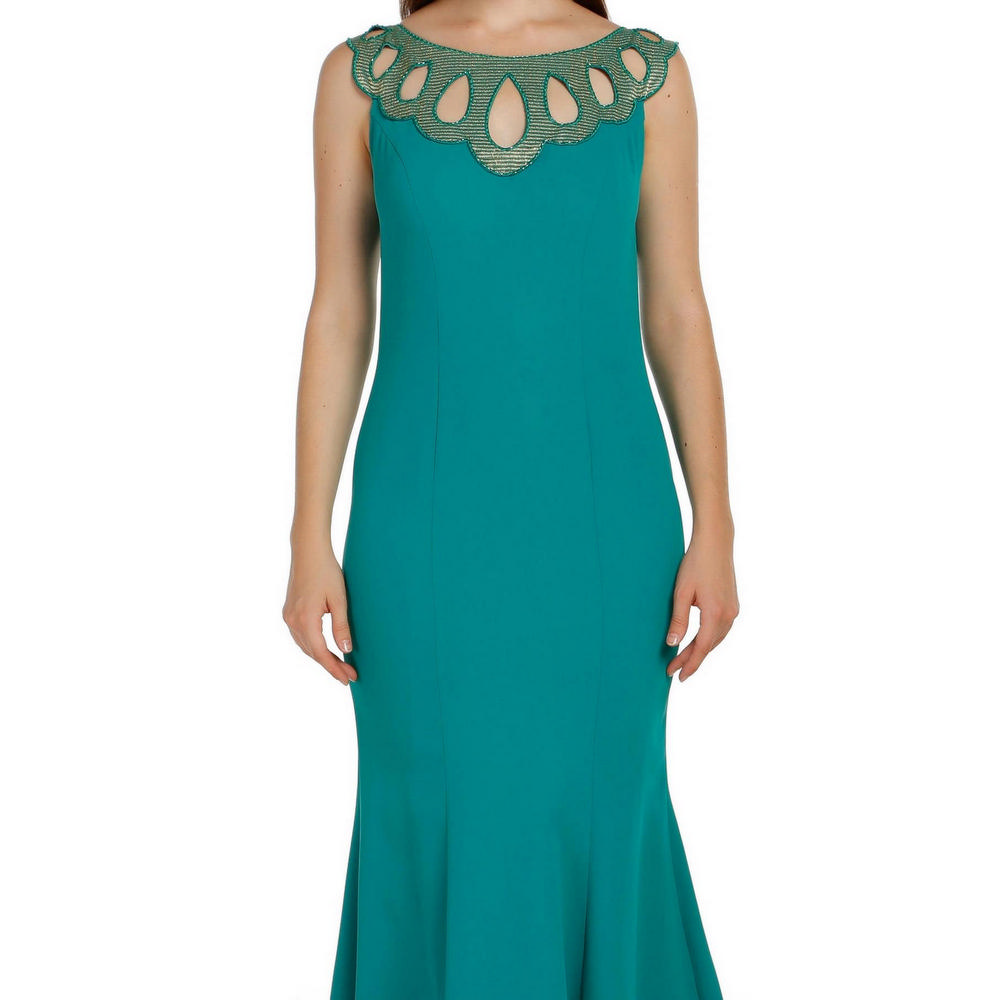 Fierte Kadın Abiye Elbise Azr4383 Yuvarlak Yaka Damla Oyma Krep Balık Yeşil Mercan Kırmızı