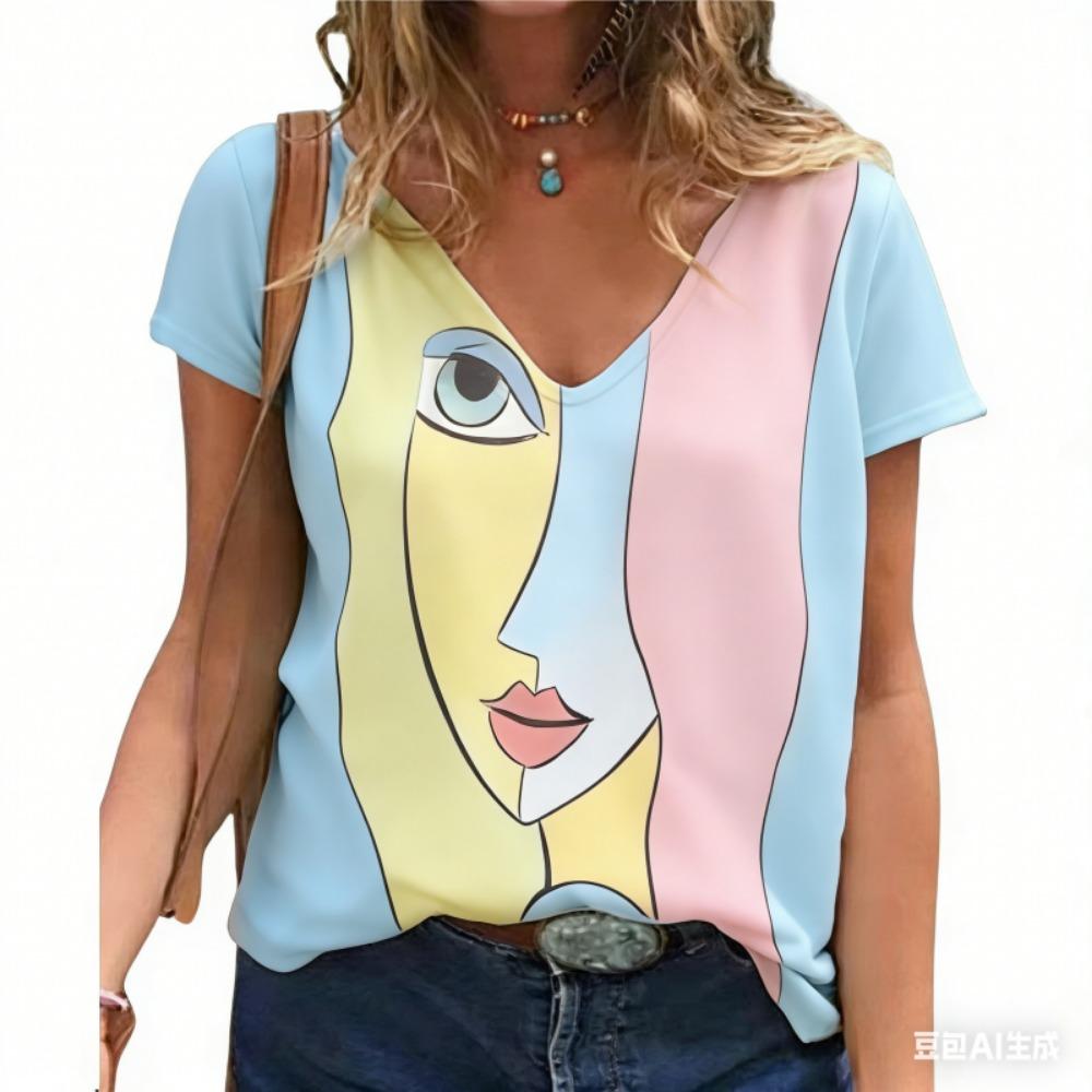 Women's V Neck T-shirt Summer Casual Plus Size Print Tops Loose Vintage Female Tee Streetwear Short Sleeve Clothes