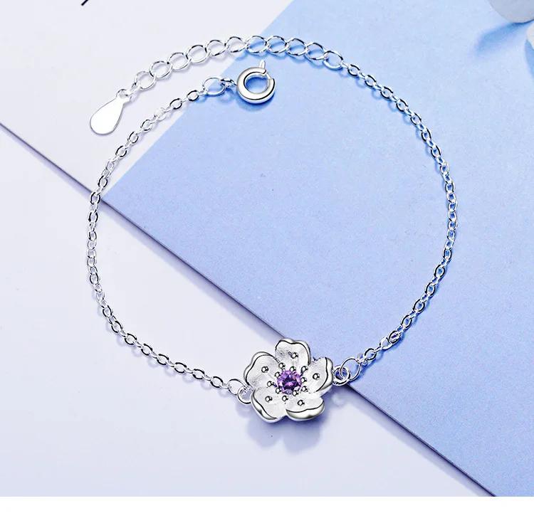 New Arrival  Silver Color Pink/Purple Cherry Blossom Flower Zircon Bracelet for Women Pulseira Feminina  Gift