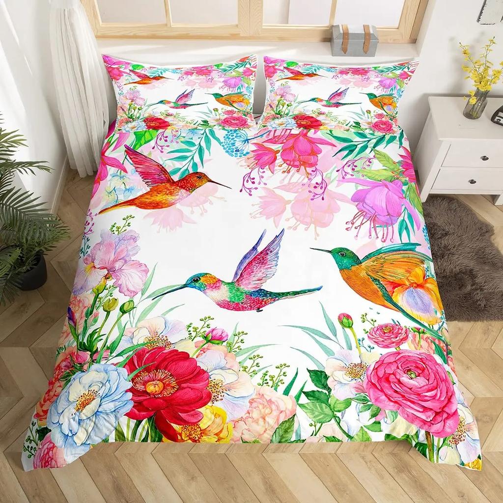 Cute Birds Duvet Cover King Size Pink Peach Flower Bedding Set Polyester Bird Butterfly Wild Animal Comforter Cover For Boy Girl
