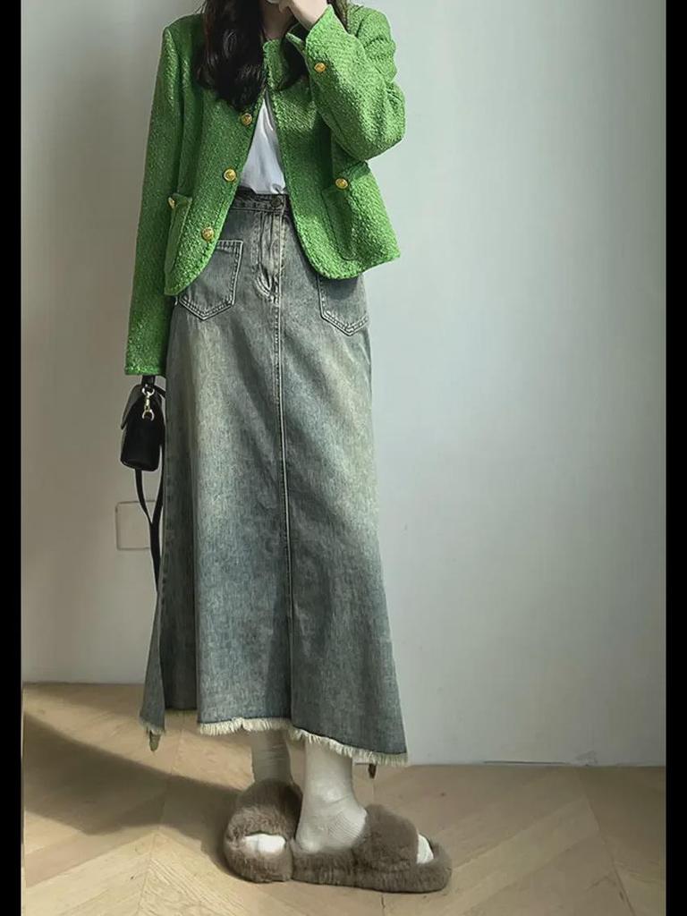 Halblanger Retro-Jeansrock in A-Linie mit Fischschwanz und Raw-Edge-Design für Damen